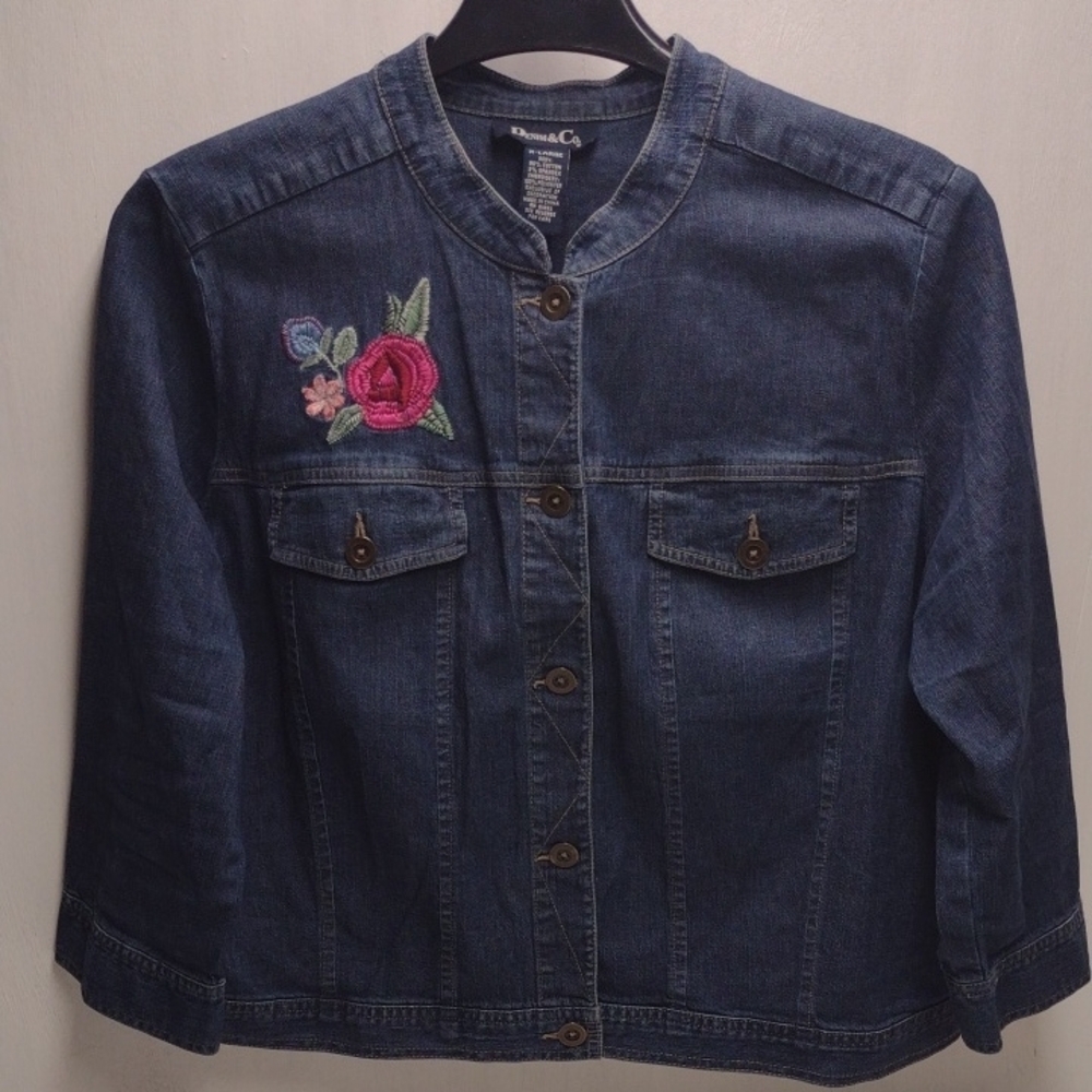 Denim&Co. Blue Jean Jacket with Floral Embroidery